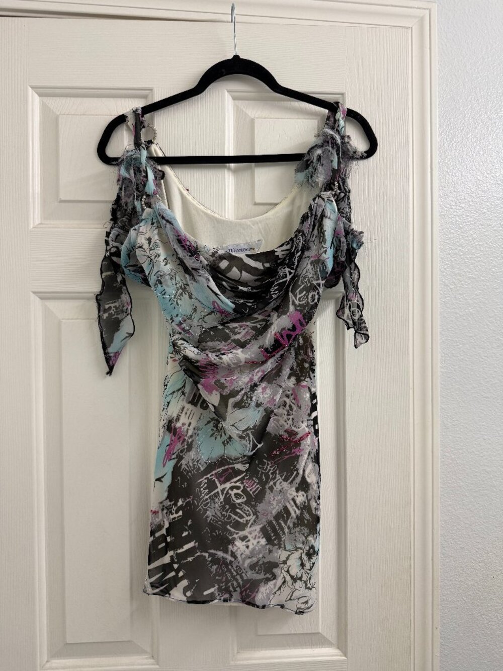 Missteen Graphic Print Cold Shoulder Dress with Rhinestone Embellishments